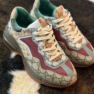 Gucci Multicolor GG Canvas and Red Accent Rhyton Sneakers